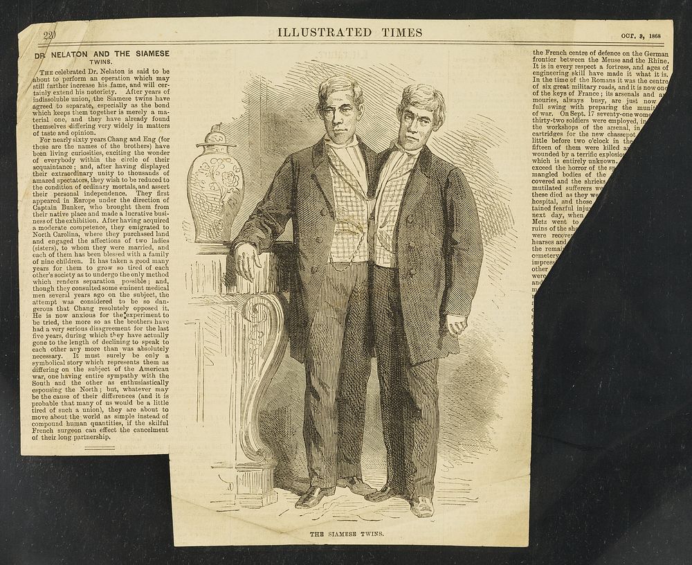 [Newspaper clipping (from the Illustrated Times, 3 October 1868) about 'Dr. Nelaton and the Siamese Twins' Chang and Eng].
