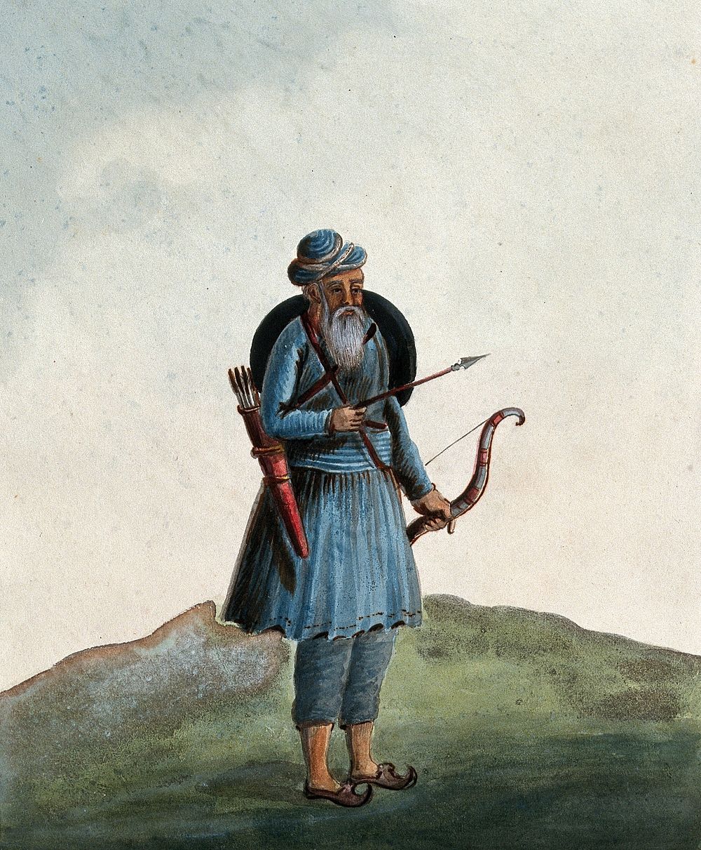 A man carrying a bow and arrow and a shield. Gouache painting by an Indian artist.
