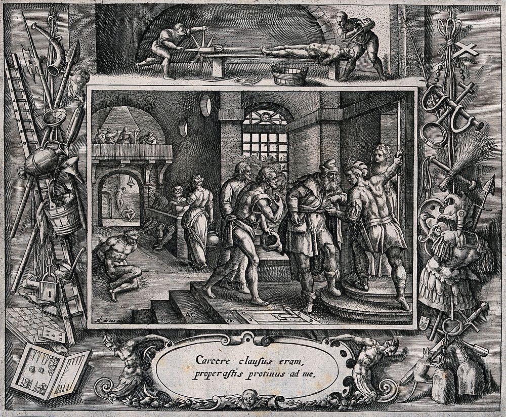 A gaoler receives money for releasing a prisoner from a torture chamber. Engraving by A.C. after M. de Vos.
