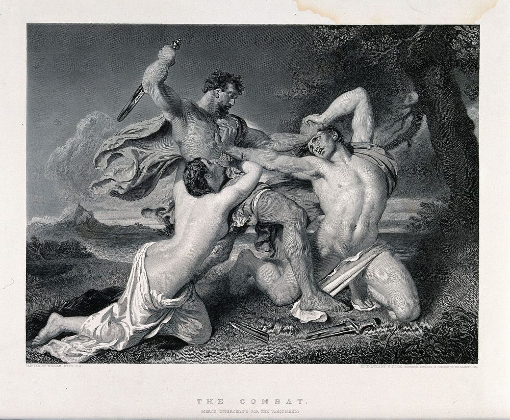A fight between two men is interrupted by a woman representing mercy, pleading on behalf of the losing party. Engraving by…
