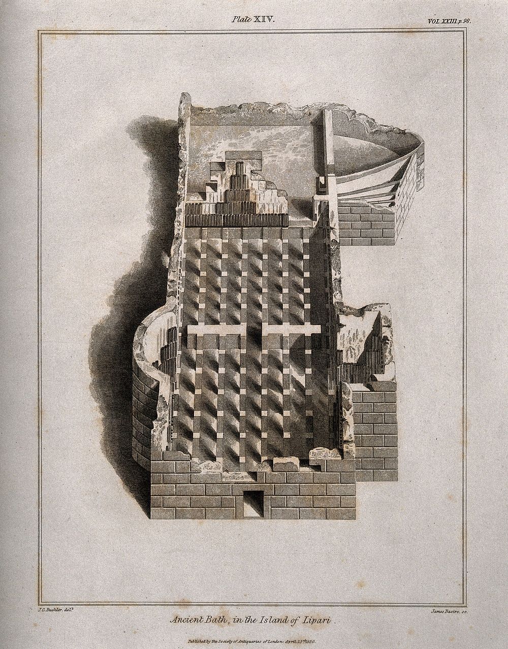 Lipari Island, Italy: an ancient bath. Engraving by J. Basire, 1830, after J.C. Buckler.