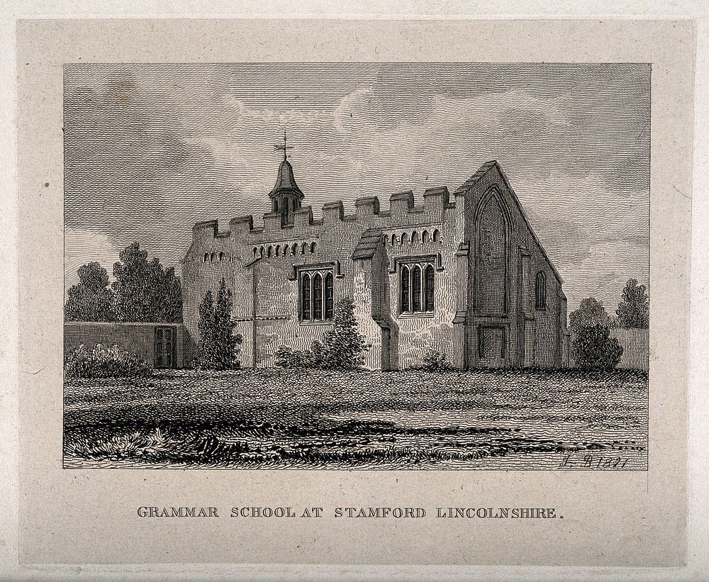 Grammar School, Stamford, Lincolnshire. Etching by J.B., 1821.