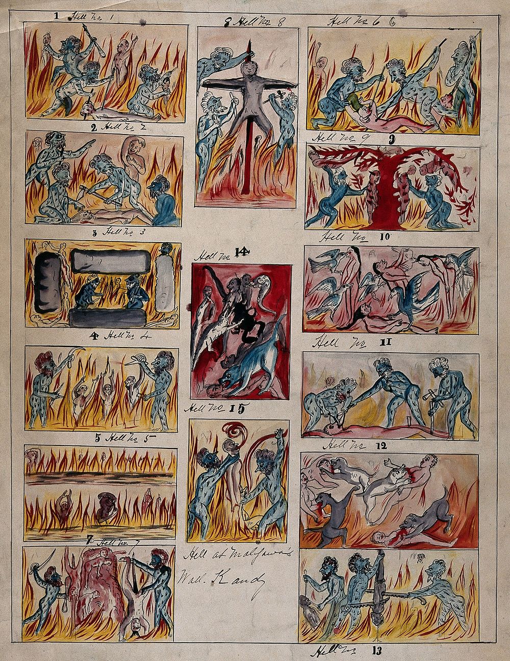 Sri Lanka: Kandy, the fifteen different kinds of hell at maligawa's wall. Gouache painting by a Sri Lankan artist.