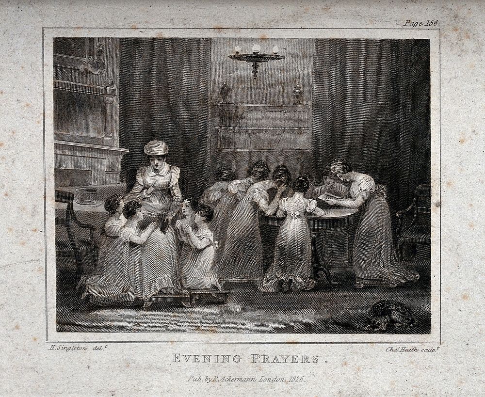 Women at evening prayers in a private home. Engraving by Charles Heath, 1826, after H. Singleton.