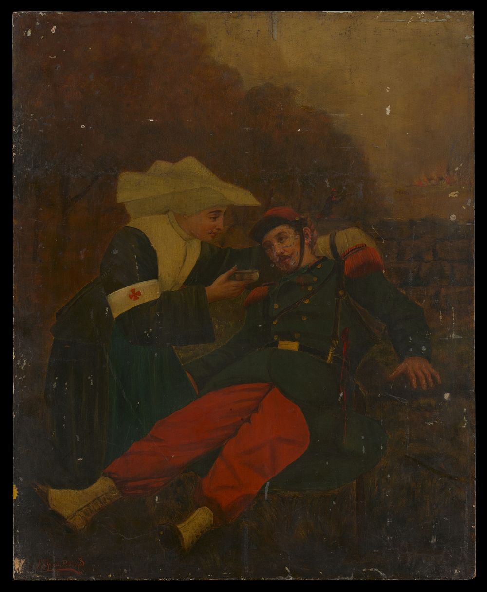 A Sister of Charity caring for a wounded soldier. Oil painting by A. Beloys, 187-.