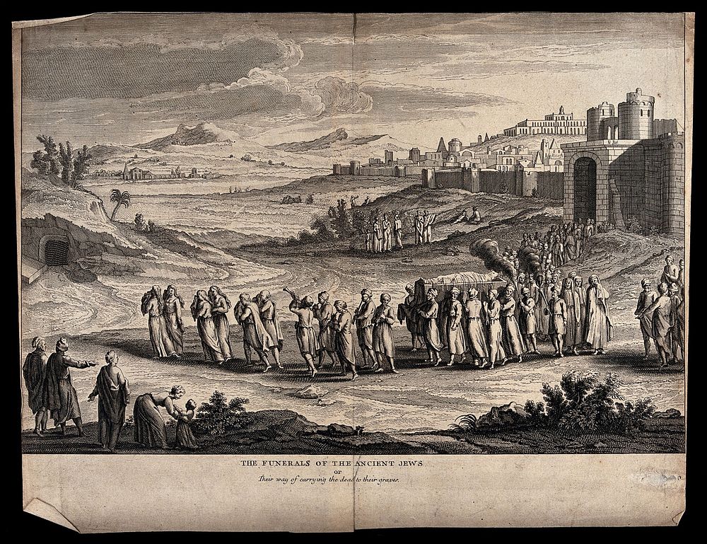 A Jewish funeral outside the ancient Jerusalem. Etching.
