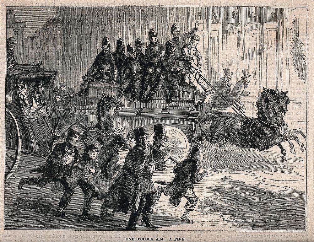 A fire-engine drawn by horses races through the streets to attend to a fire. Wood engraving.