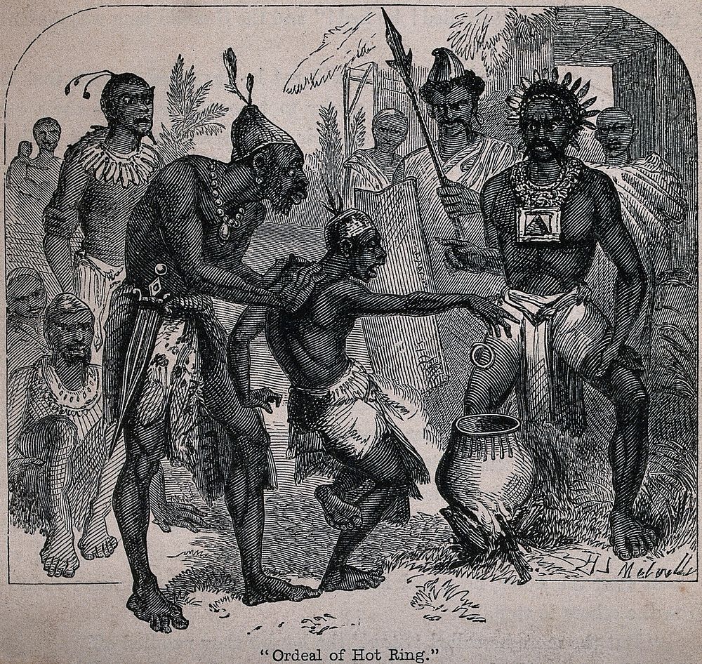 Methods of torture in Africa: a man is forced to catch a very hot iron ring with his bare hands above a cauldron over a…
