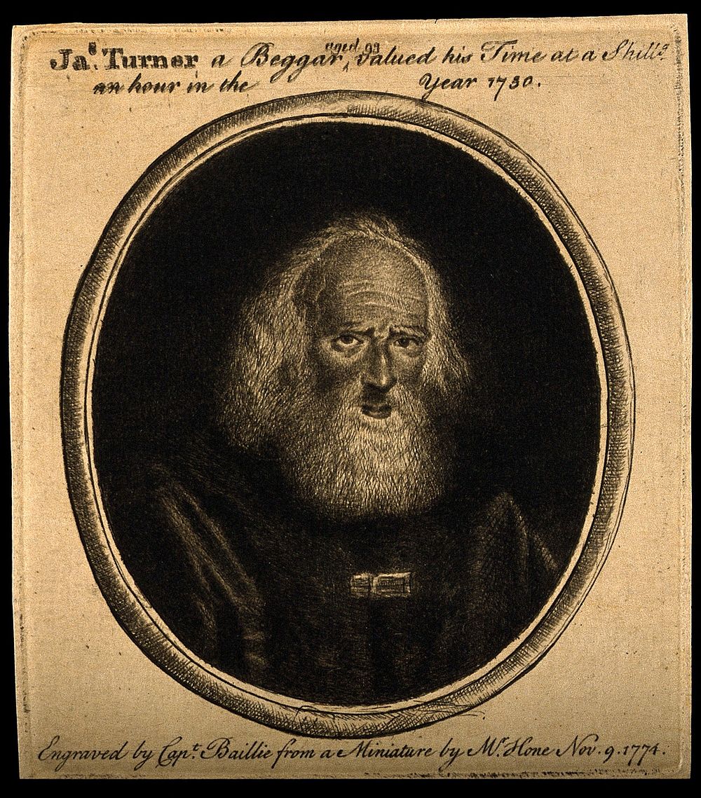 James Turner, a beggar and a painters model. Etching by Captain W. Baillie, 1774, after N. Hone.