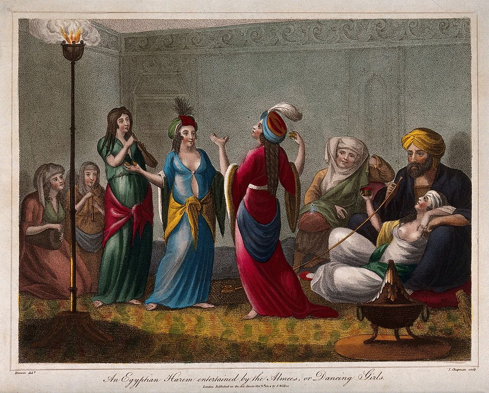 A harem in Egypt: a man caressing a woman watches two women dancing. Coloured engraving by J. Chapman after V. Denon.