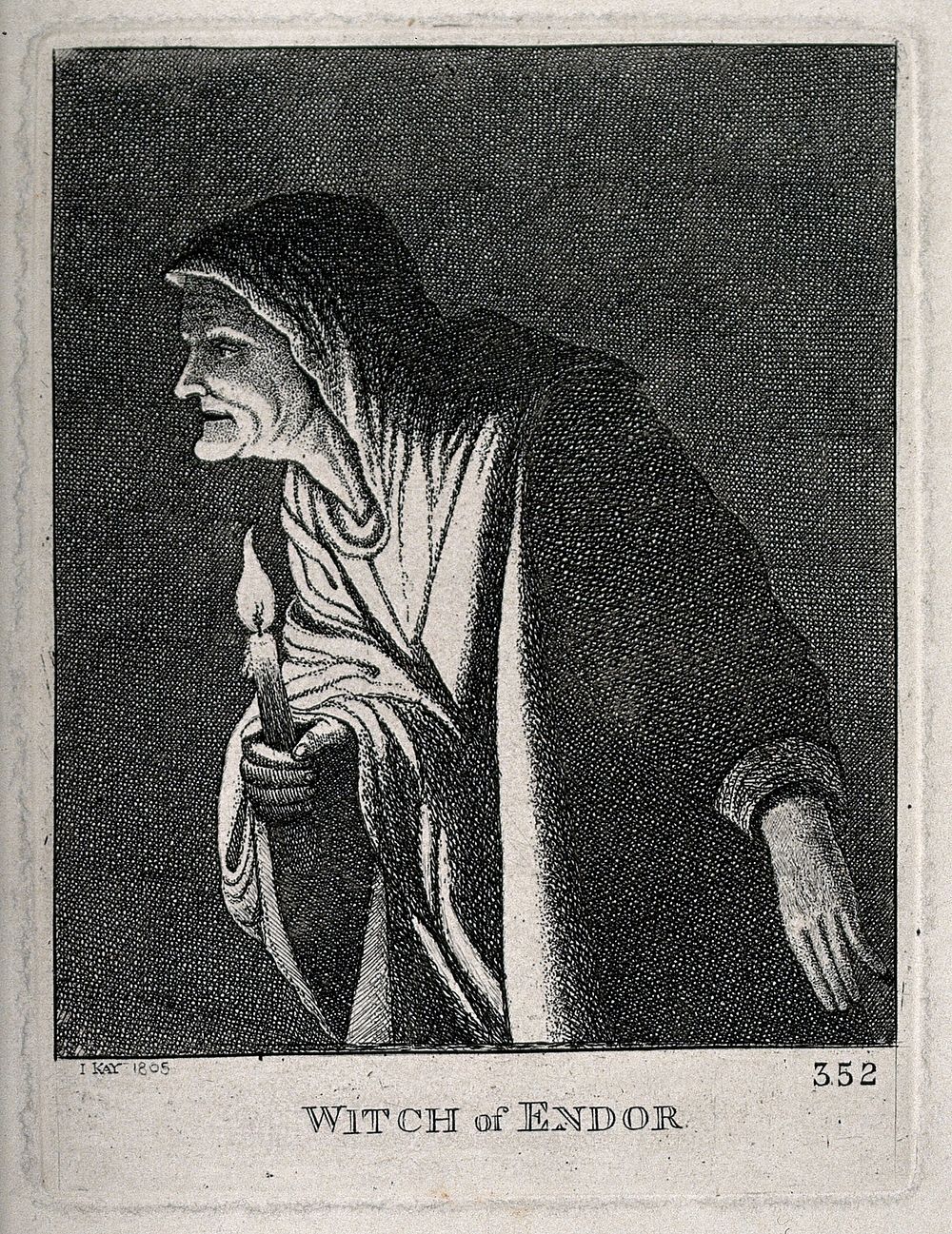 The witch of Endor with a candle. Engraving by J. Kay, 1805, after A. Elsheimer.