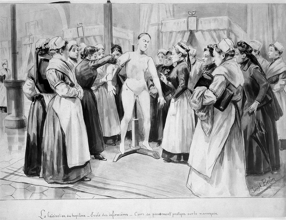 Nurses being lectured on bandaging using a mannequin on a hospital ward. Drawing by J. Belon.
