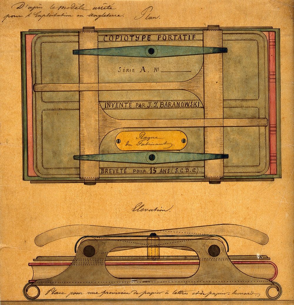 A portable copying-press for letters []. Coloured drawing on tracing paper, 1860.
