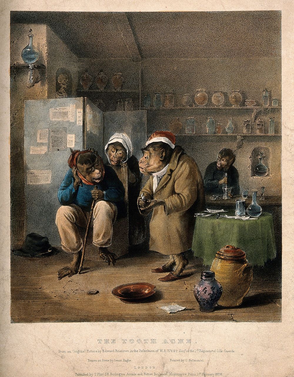 Monkeys representing human beings in a tooth-drawer's surgery. Lithograph by L. Haghe after E. Bristow, 1828.