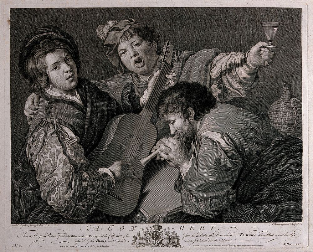 A concert: one man is playing a stringed instrument, another a small pipe and a third is singing and holding a glass of…