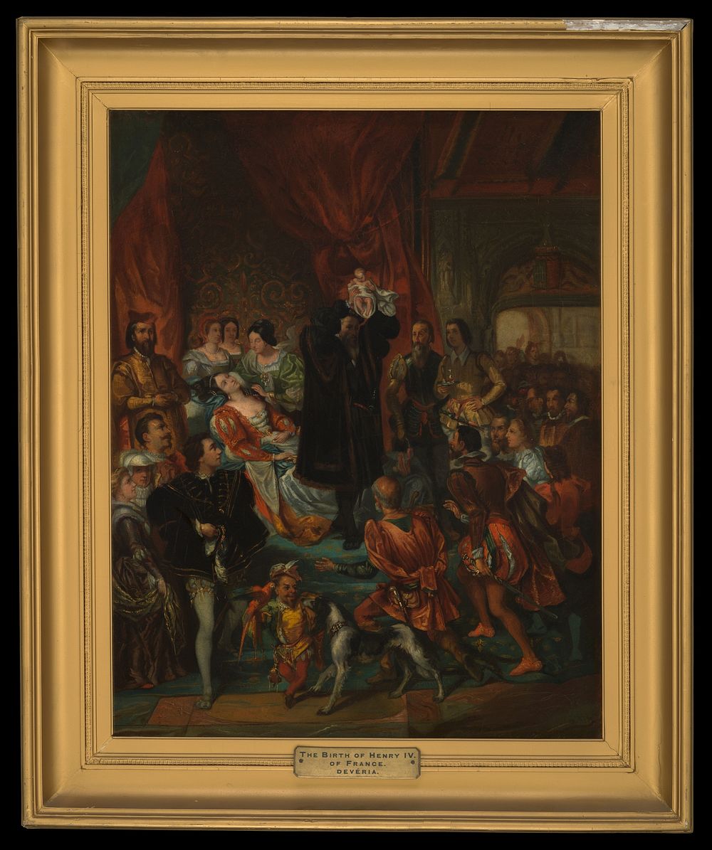 The birth of Henri IV at the castle of Pau. Oil painting after Eugène-François-Marie-Joseph Devéria.
