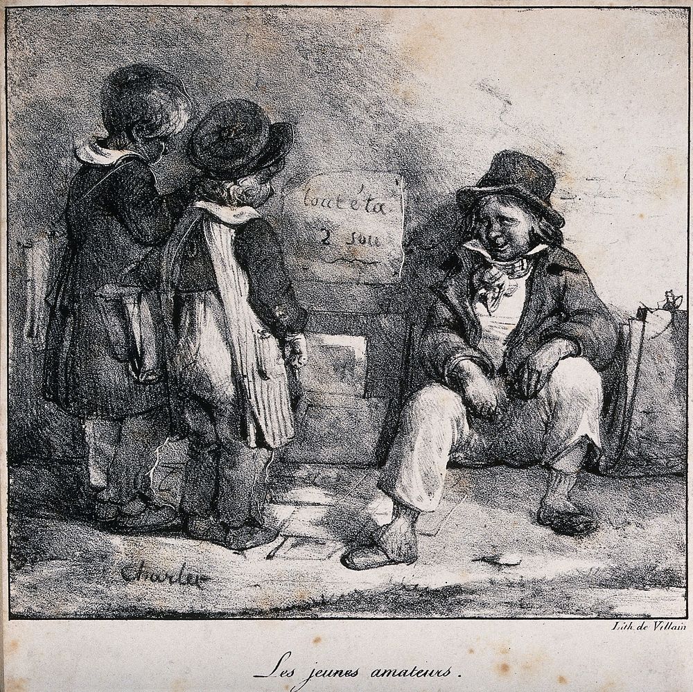 Two young children are talking to an older boy. Lithograph by de Villain after Charlet.