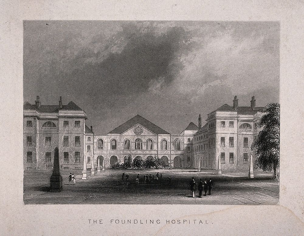 The Foundling Hospital: the main buildings seen from within the grounds. Engraving by J. Rogers.