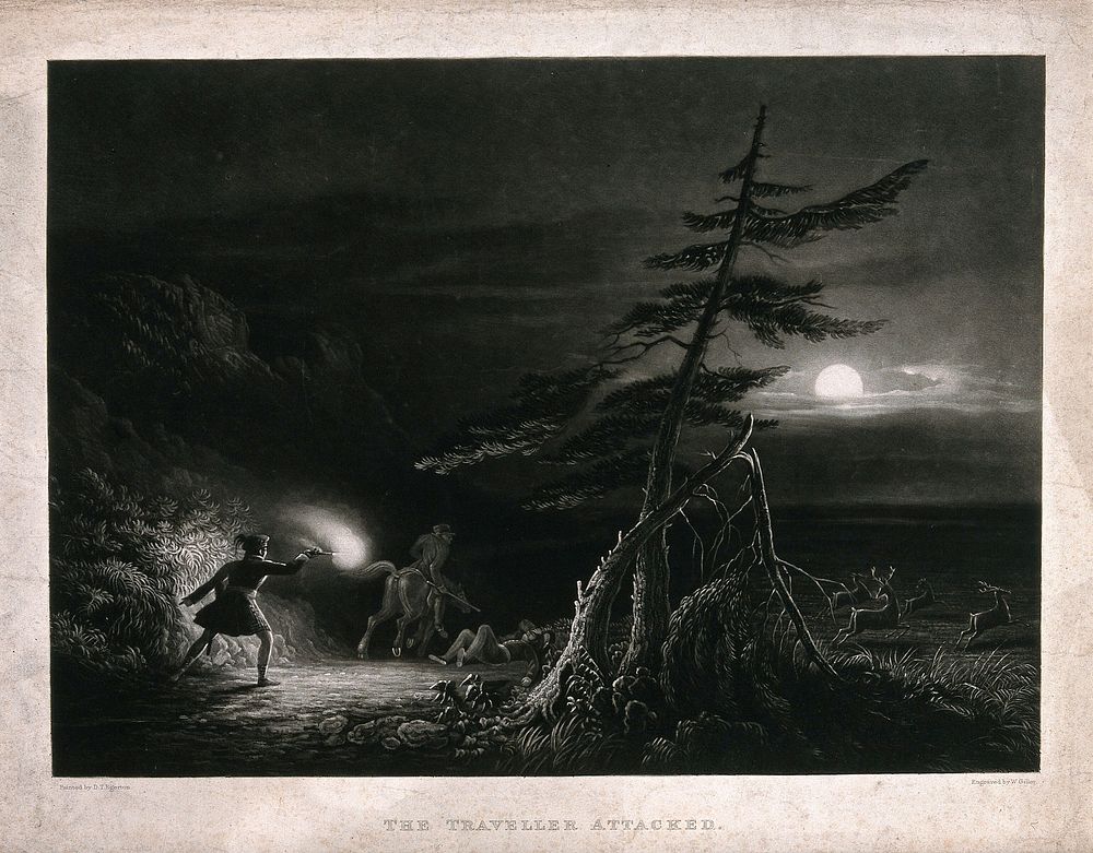 A traveller is attacked by brigands at night in a wild terrain. Mezzotint by W. Giller after D.T. Egerton, 1828.