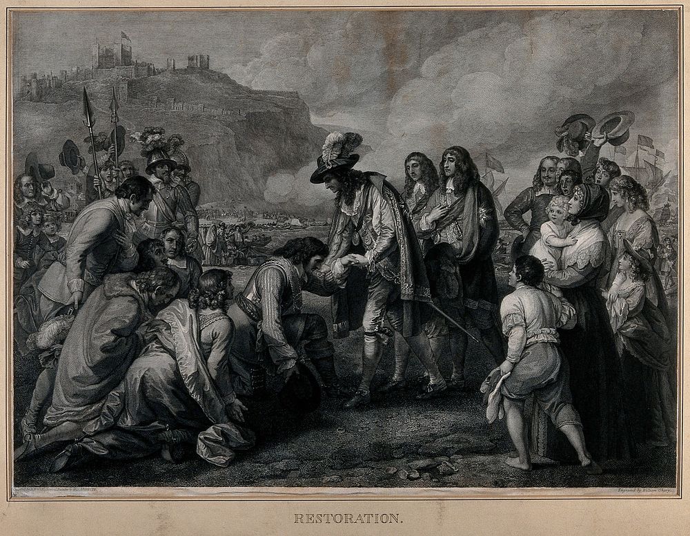 King Charles II landing in Dover in 1660. Engraving by W. Sharp after B. West.