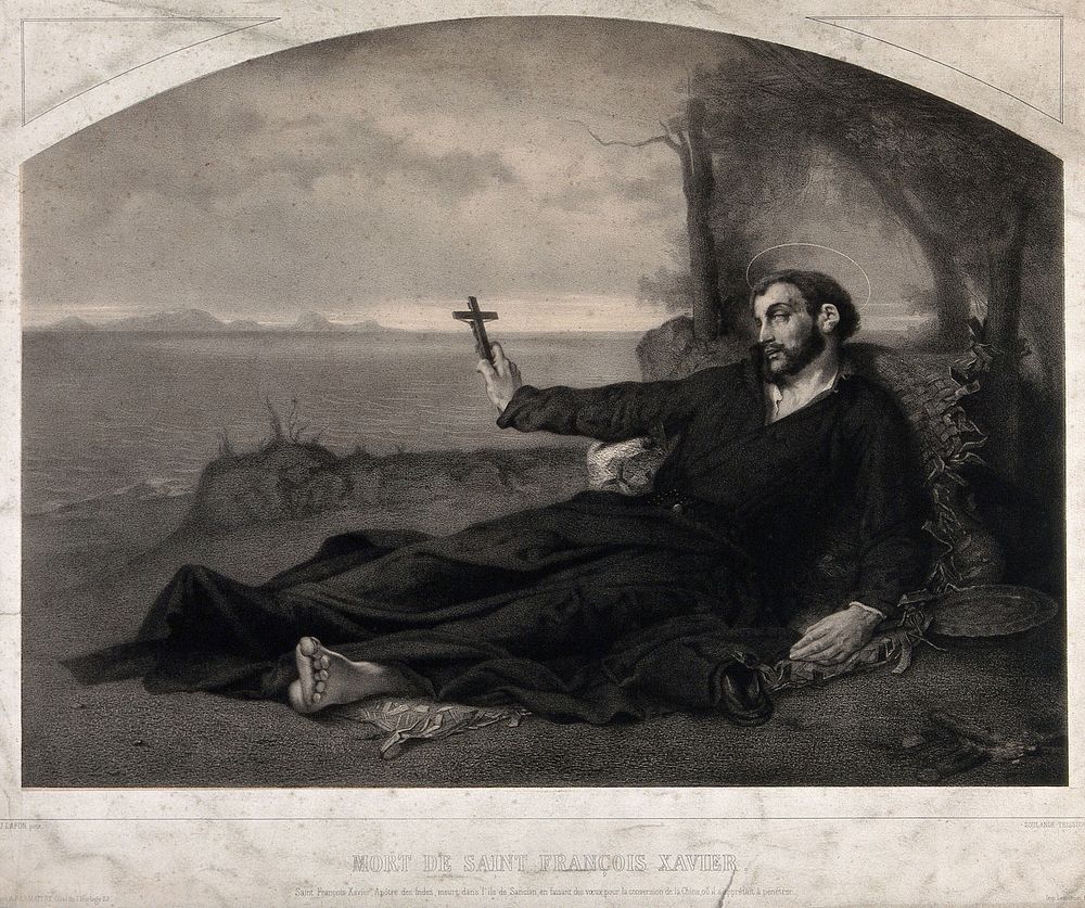 Death of Saint Francis Xavier, holding a crucifix, by the sea. Lithograph by L.E.Soulange-Teissier, 1854, after E.J. Lafon.