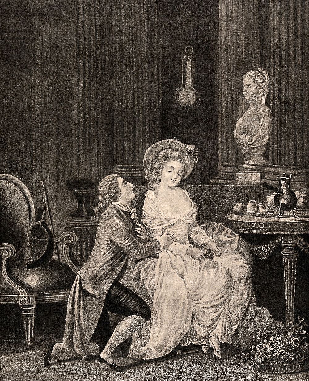 A woman is listening to her lover who is down on one knee. Process print after L.M. Bonnet after J.B. Huet .