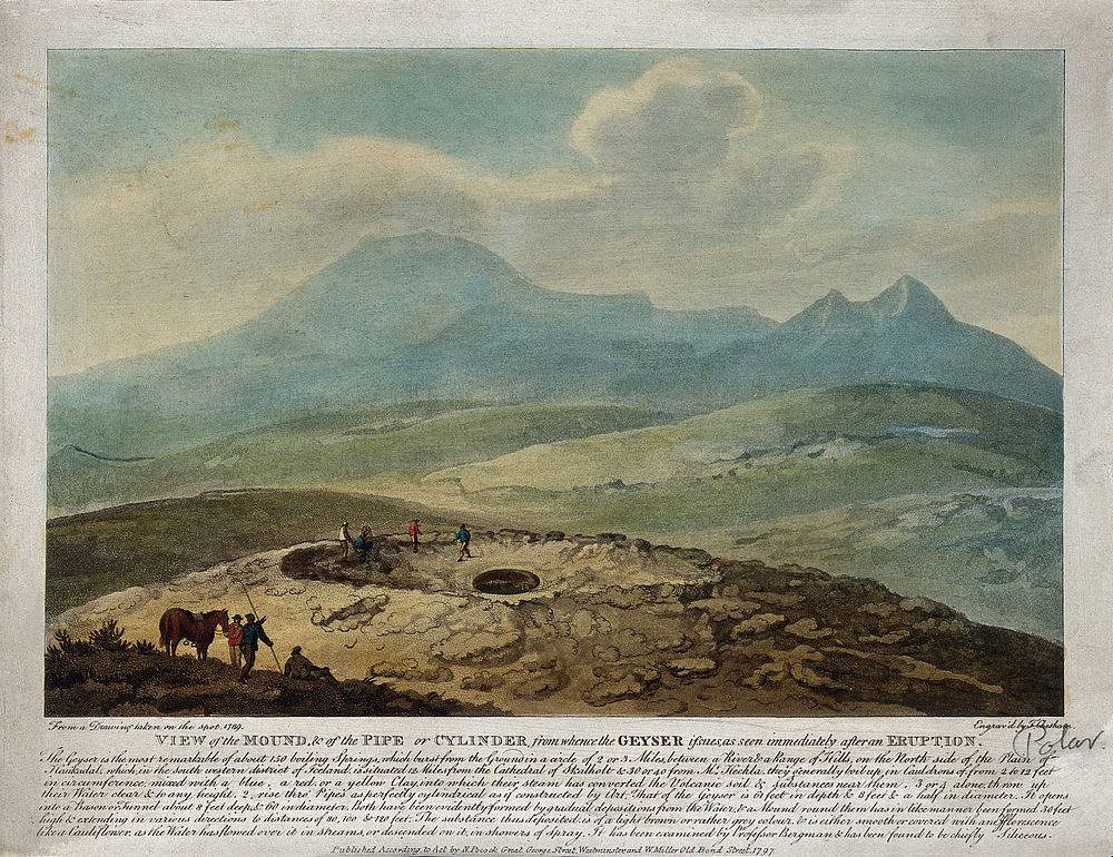 Iceland: the mound and pipe from which a geyser issues, as shown immediately after an eruption. Coloured aquatint by F.…