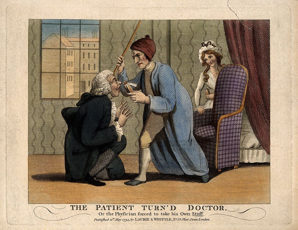 A patient forcing a doctor to take some of his own medicine. Coloured engraving, 1794.