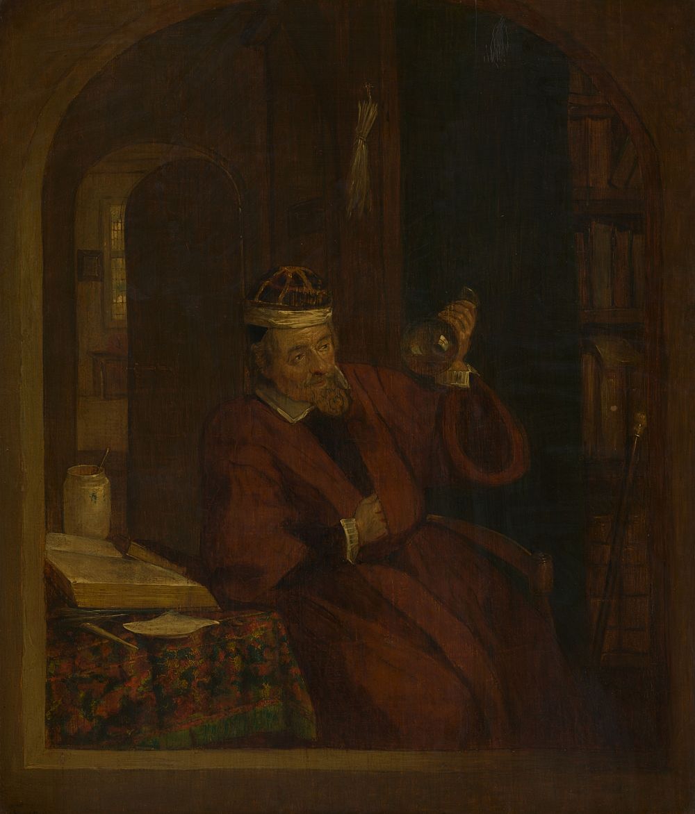 A physician examining urine. Oil painting after Adriaen van Ostade.