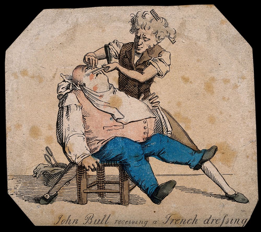 A French barber shaving John Bull. Coloured etching.