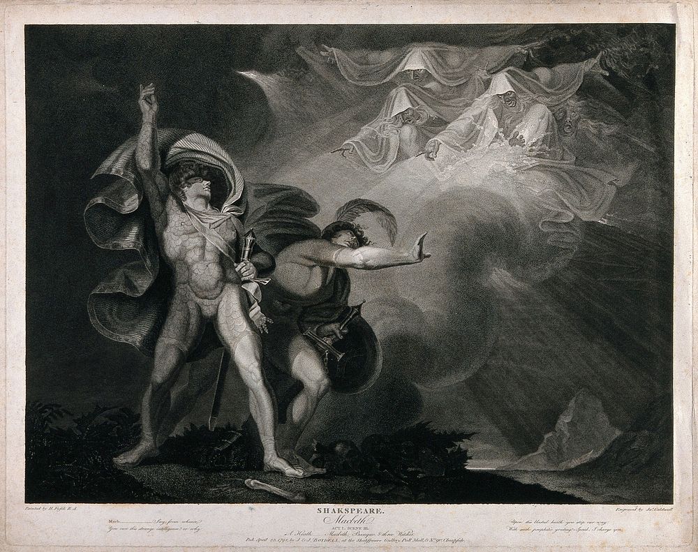 Macbeth, Banquo and the three witches. Engraving by J. Caldwall after H. Fuseli, 23 April 1798.