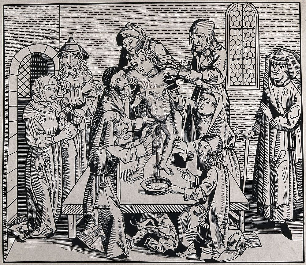 Simon of Trent depicted as being killed and tortured by Jews. Ink drawing by L.B. Thompson, 19--, after M. Wolgemut.