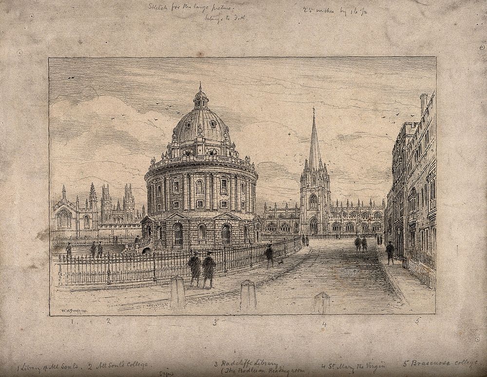 Radcliffe Camera, Oxford: panoramic view showing All Soul's College, St. Mary's Church and Brasenose College. Pencil drawing…