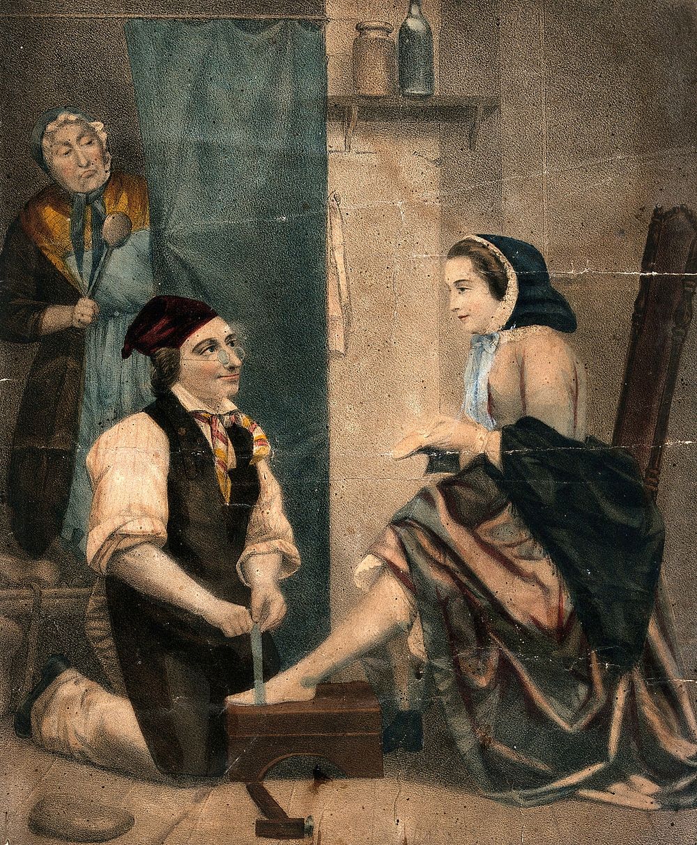 A shoemaker measures up the feet of a young woman who is sitting on a chair holding a shoe in her hand; they exchange looks…