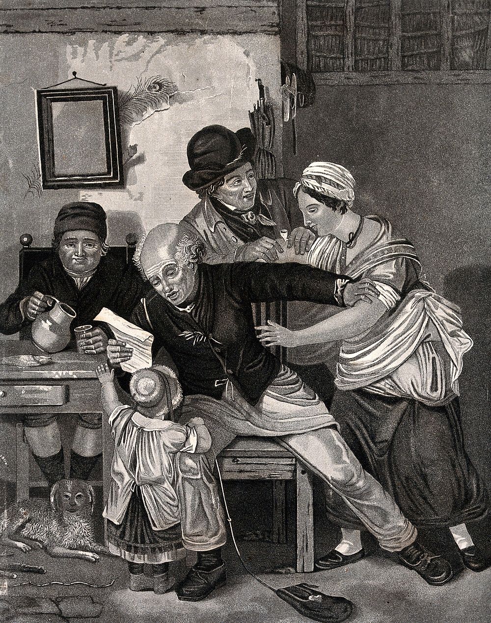 A young woman attempts to get hold of a letter which an old man is reading out to the apparent amusement of the other men.…