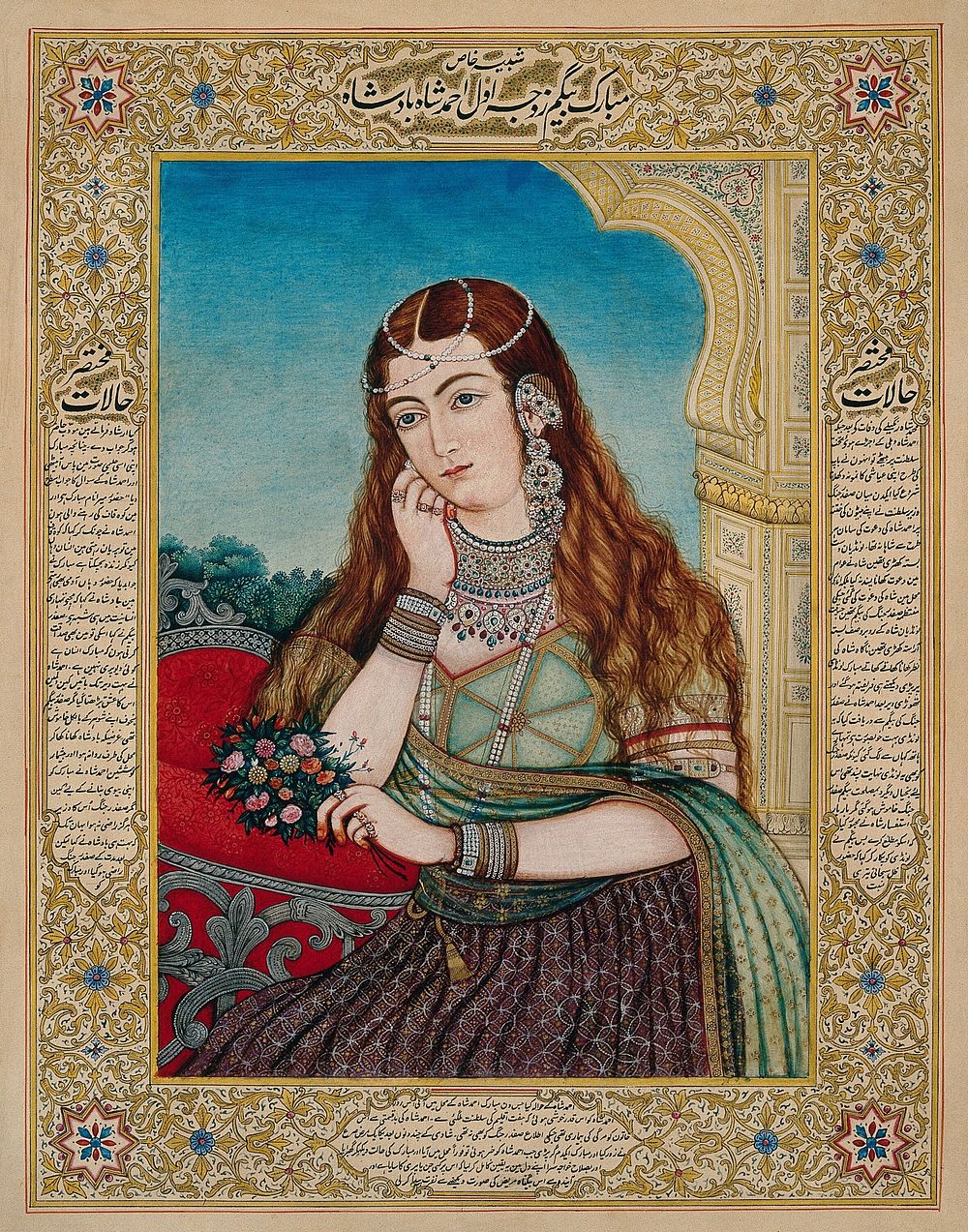 A European woman in Mughal costume and jewellery. Gouache painting by an Indian painter.