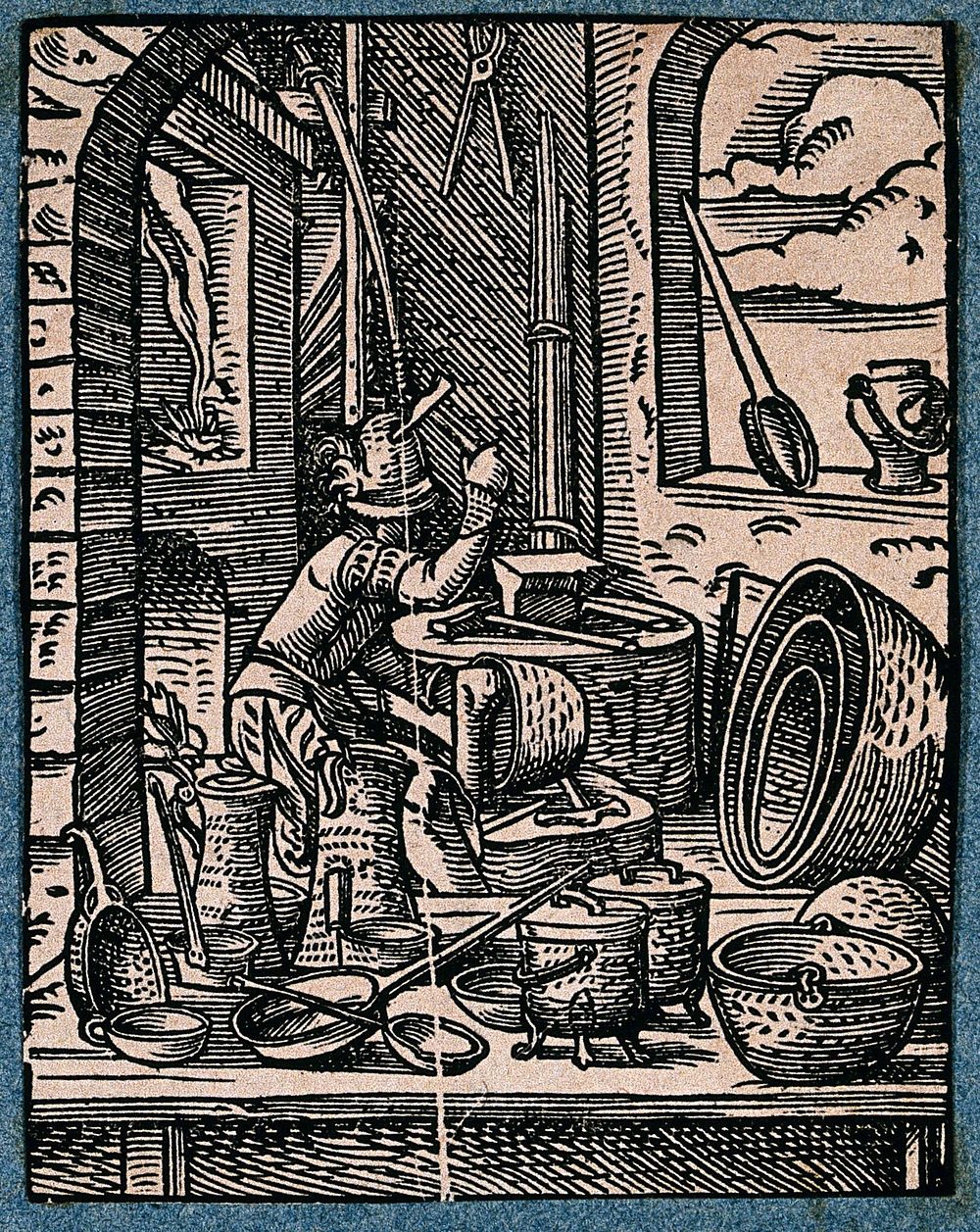 A coppersmith is surrounded by items he is making, including pans, cauldrons and jugs. Woodcut by J. Amman, 1568.
