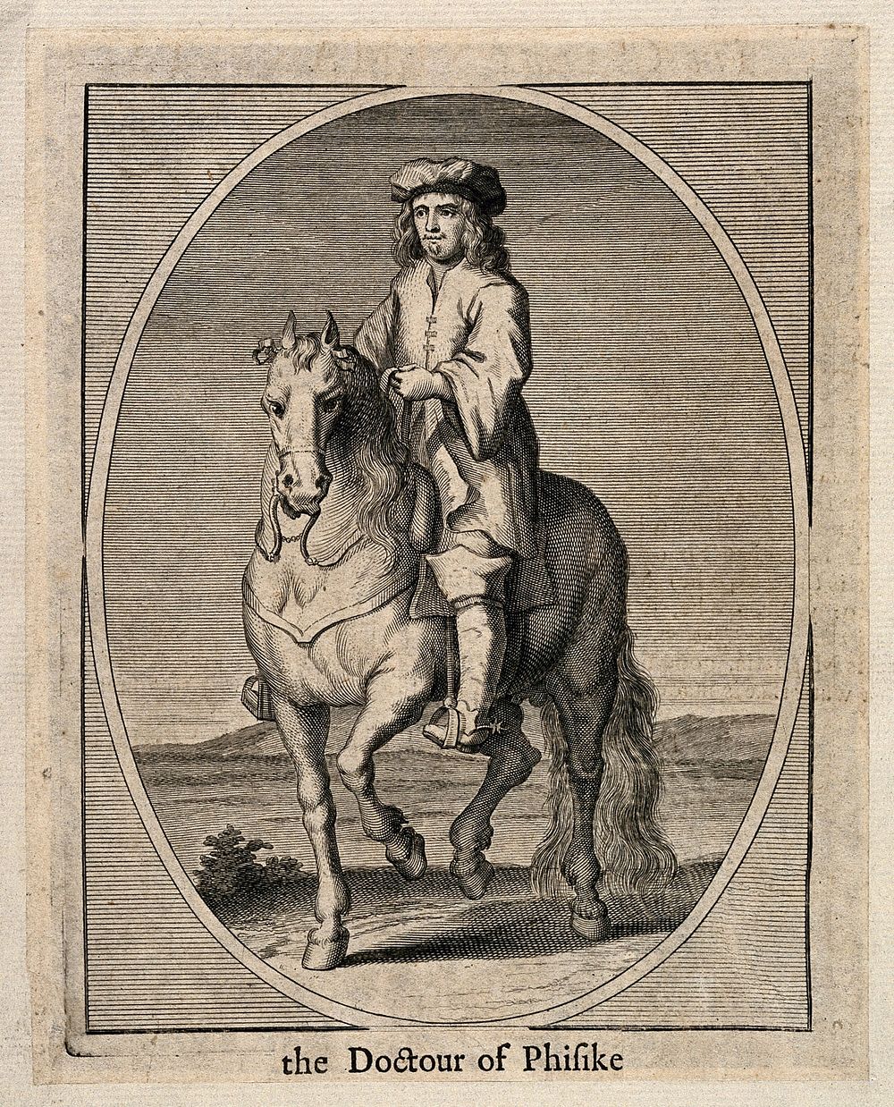 A doctor on horseback. Engraving.