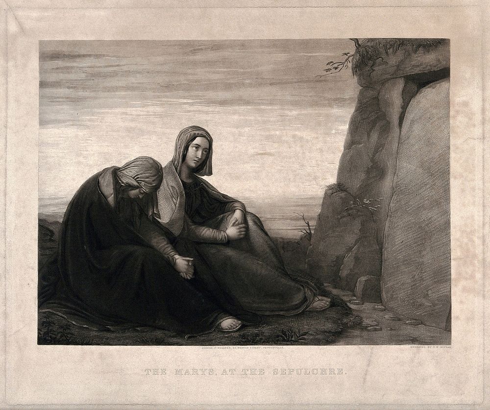 The Virgin Mary and Mary Magdalene sit outside the tomb of Christ. Mezzotint by T.W. Huffam after Ph. Veit.