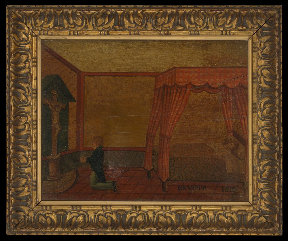 A man praying to Christ for the health of a person in bed. Oil painting, bears date 1818.