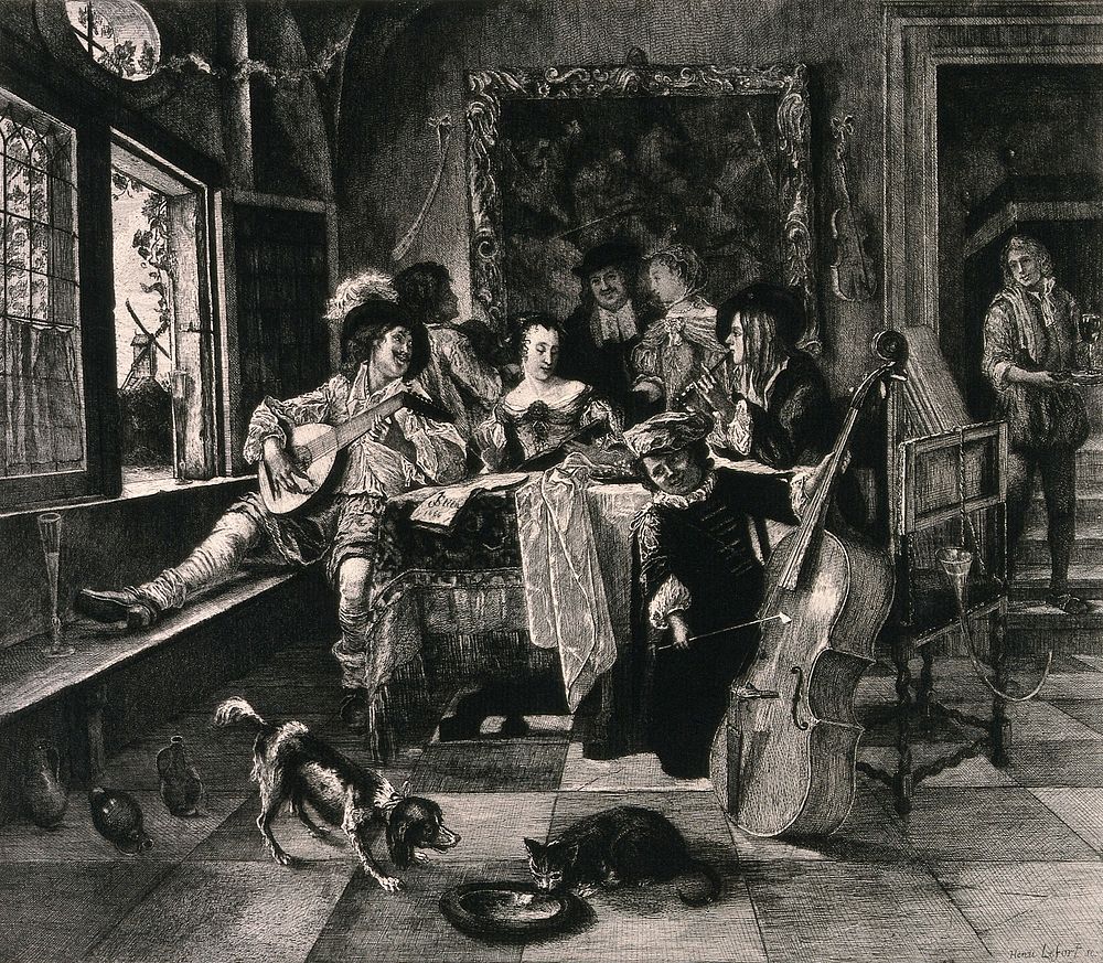 A family group of musicians with three members playing instruments and others listening and looking on. Etching by Henri…
