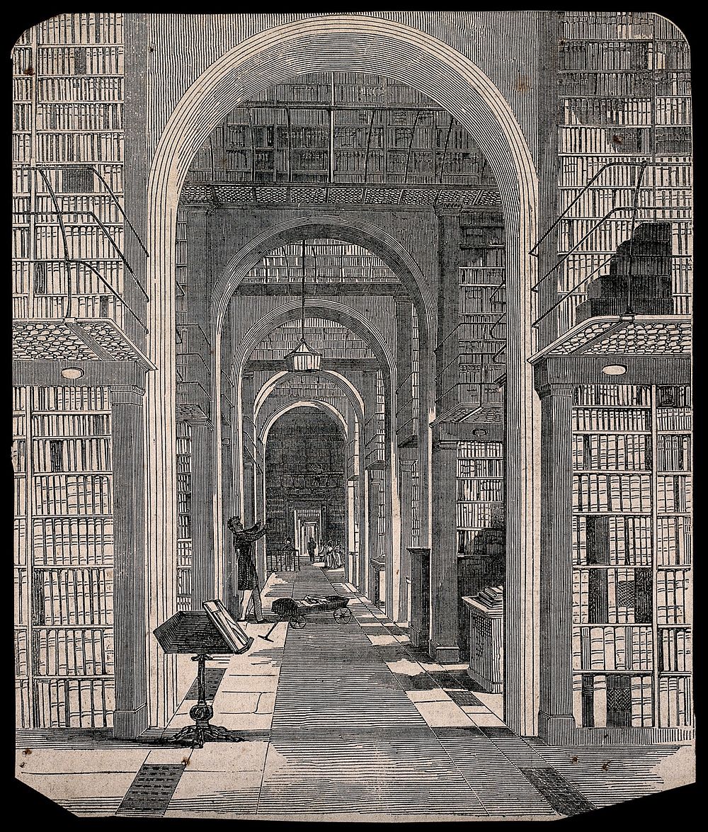 The British Museum: the Arch Room of the library, in the north wing of the museum, west end. Wood engraving, 1851.