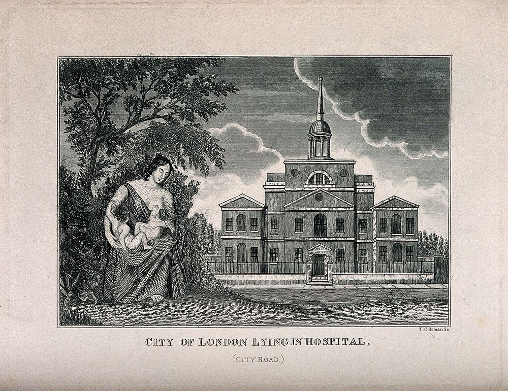 The City of London Lying-in Hospital in the background: a mother breast-feeding on the left. Steel engraving by T. Coleman.