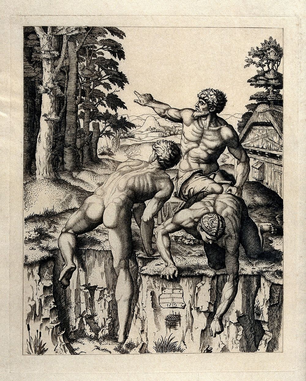 Bathers on the edge of a river bed, with hunters emerging from the forest on the left. Engraving after M. Raimondi, 1510.