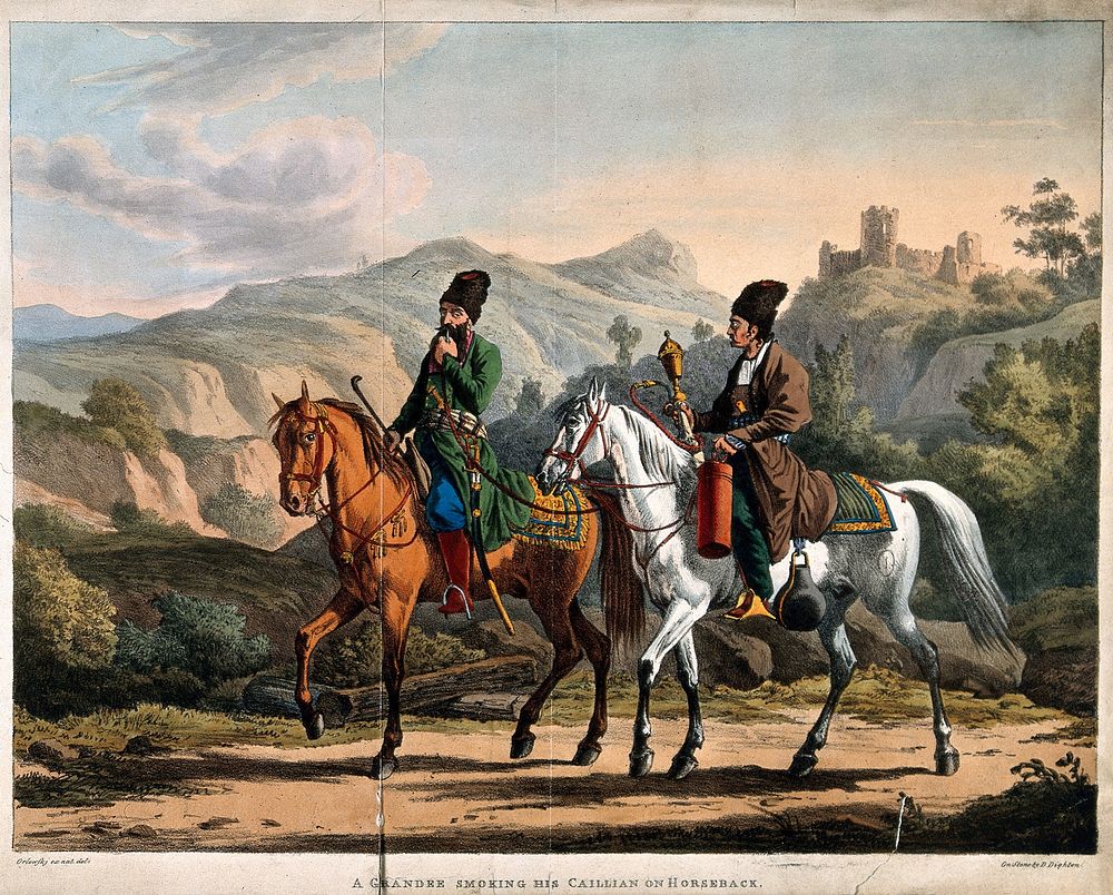 A Russian nobleman riding with his servant and smoking a hooka. Coloured lithograph by D. Dighton, c. 1820, after A.…