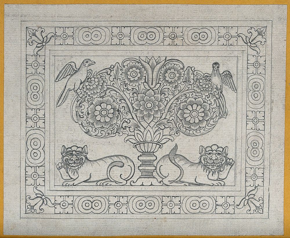 Temple sculpture: a tree with two lions and two birds surrounded by a decorative border. Pencil drawing.