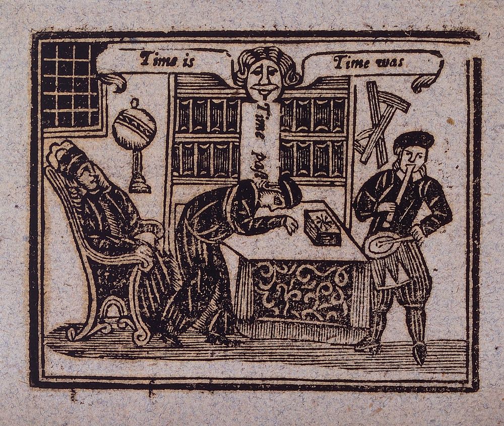 A man sleeps between Roger Bacon  and a musician: a brass head proclaims time present and the past. Woodcut, ca. 1700-1720.