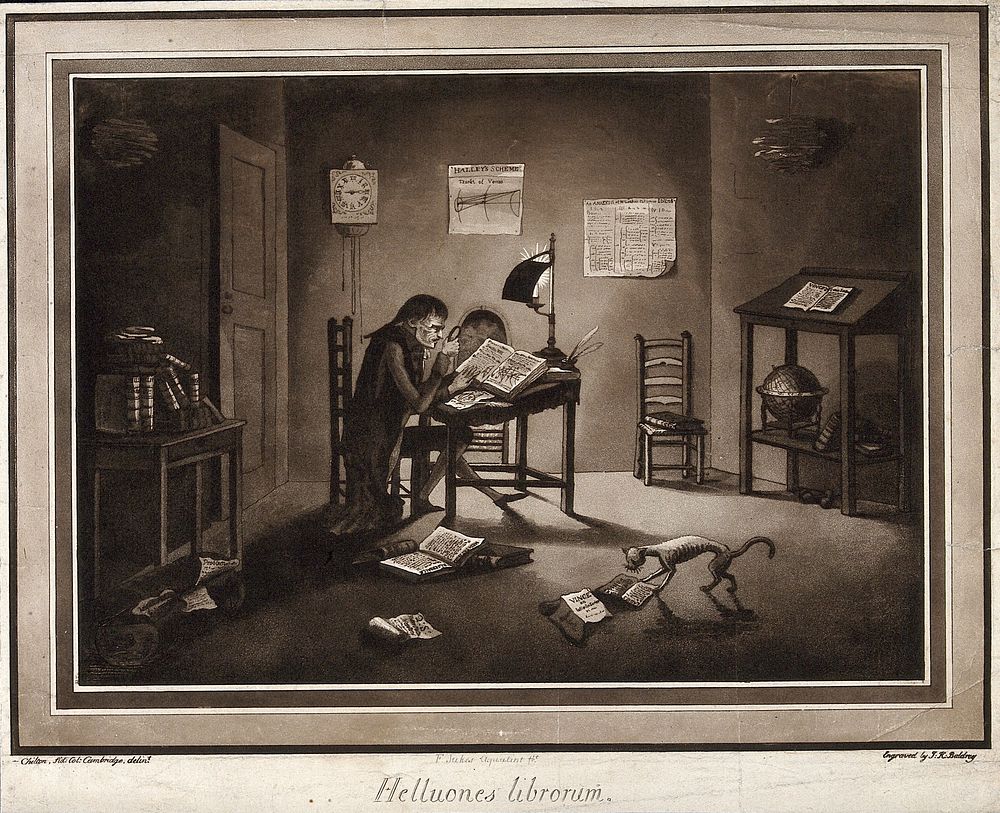 Astronomy and mathematics: Samuel Vince reading in his rooms at Sidney Sussex College, Cambridge, by the light of a shaded…