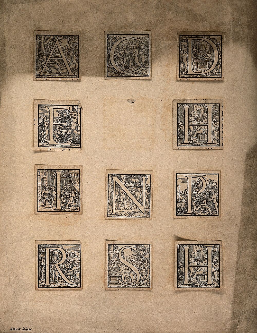 Eleven decorated initials from the Basel 1555 edition of Andreas Vesalius's De humani corporis fabrica. Woodcuts, 1555.