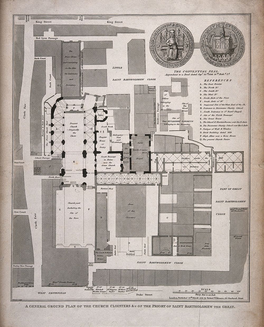 St Bartholomew's Priory, London: the ground plan, with a key, scale, and depiction of the conventual seals. Engraving by T.…